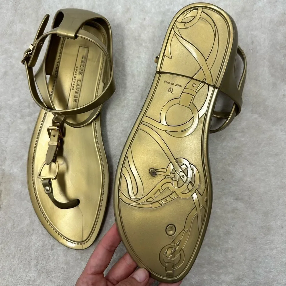 ⛔️SOLD⛔️NEW Ralph Lauren Collection Gold Jelly Strappy Horse bit Thong Buckl - Picture 6 of 9